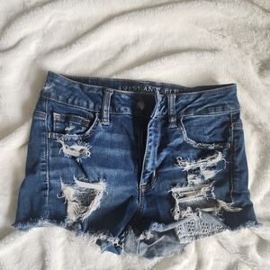 American Eagle Outfitters Women's Dark Blue Ripped Jean Shorts